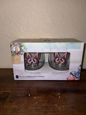 Dolly Parton Butterfly Stemless Wine Glass Set 2 18oz Rhinestone